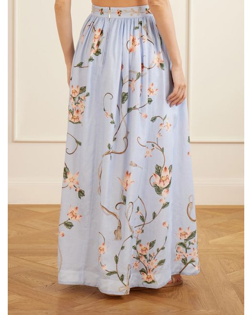 Agua Bendita Blue Tangelo Embroidered Floral-Print Linen Maxi Skirt