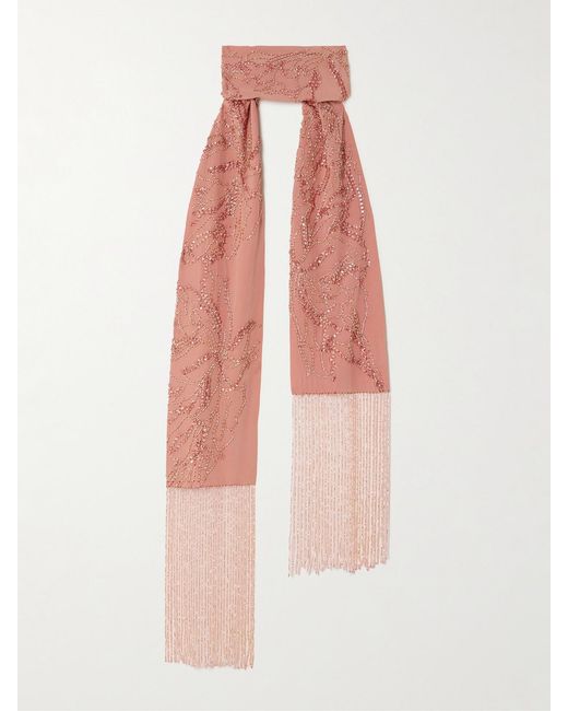 Dries Van Noten Pink Fringed Bead-Embellished Silk Scarf