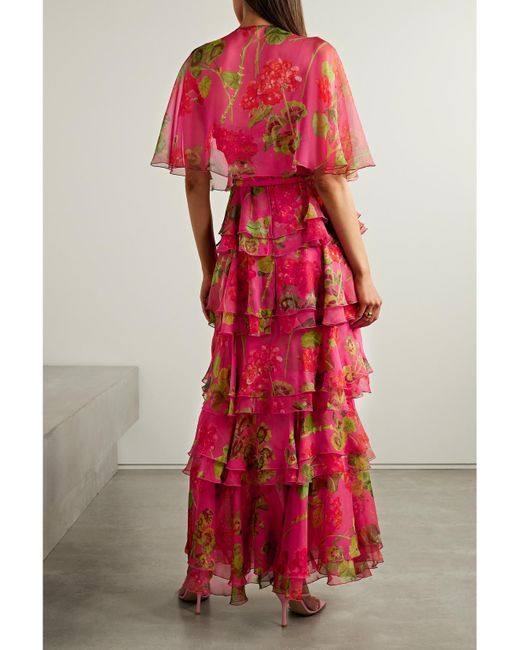 Oscar de la Renta Tiered Ruffled Floral-Print Silk-Chiffon Gown