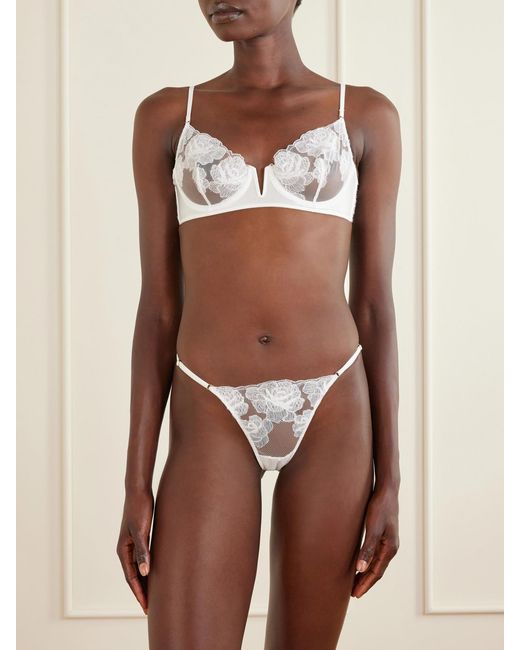 Kiki de Montparnasse White Fleurs Veloutes Lace-Trimmed Mesh Thong