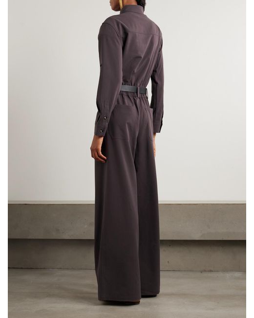 Self-Portrait Brown Belted Leather-Trimmed Twill Jumpsuit