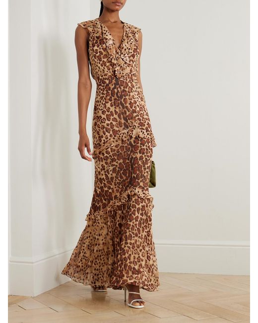 Saloni Natural Rita Ruffled Cheetah-Print Crepon Gown