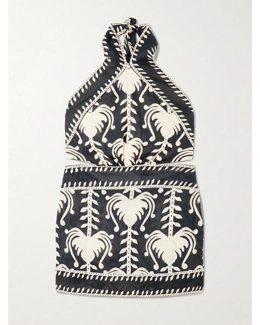 Johanna Ortiz White Tide Strength Open-Back Printed Woven Halterneck Mini Dress