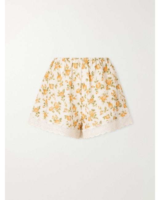Miguelina White Celestine Floral-Print Lace-Trimmed Linen Shorts