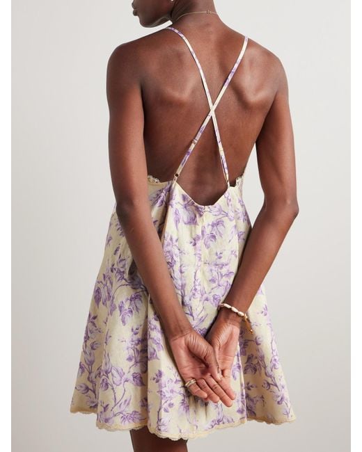 Zimmermann Pink Halliday Lace-Trimmed Floral-Print Linen Mini Dress
