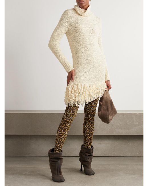 Isabel Marant Natural Fringed Wool-Blend Bouclé Turtleneck Midi Dress