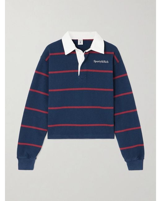Sporty & Rich Blue Embroidered Striped Cotton Polo Shirt