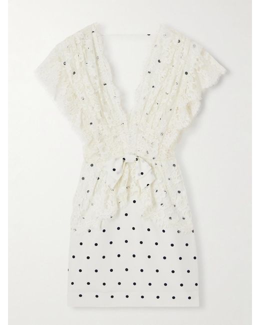Alessandra Rich White Minikleid Aus Seidensatin Mit Polka-Dots, Spitzenbesatz Und Schleife