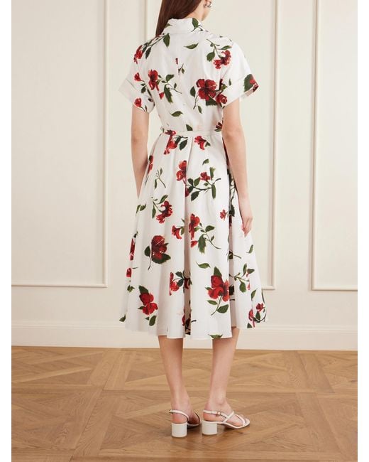 Oscar de la Renta White Floral-Print Cotton-Poplin Midi Dress