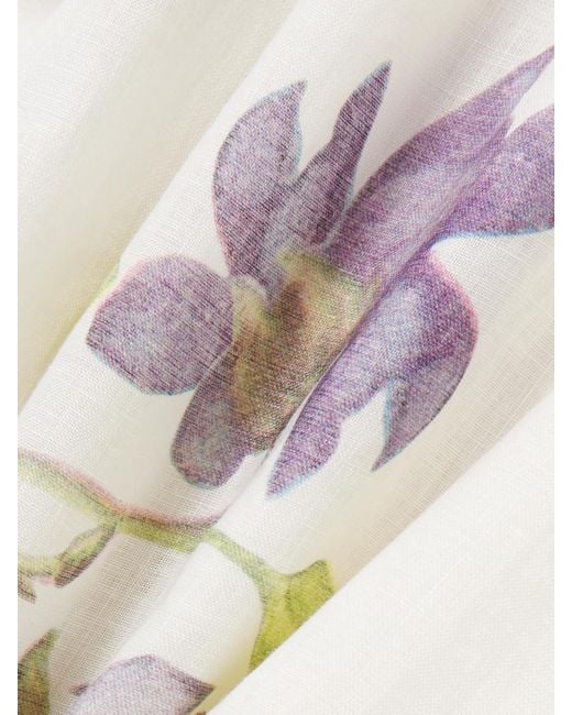 Erdem White Midikleid Aus Leinen Mit Blumenprint Und Bindegürtel