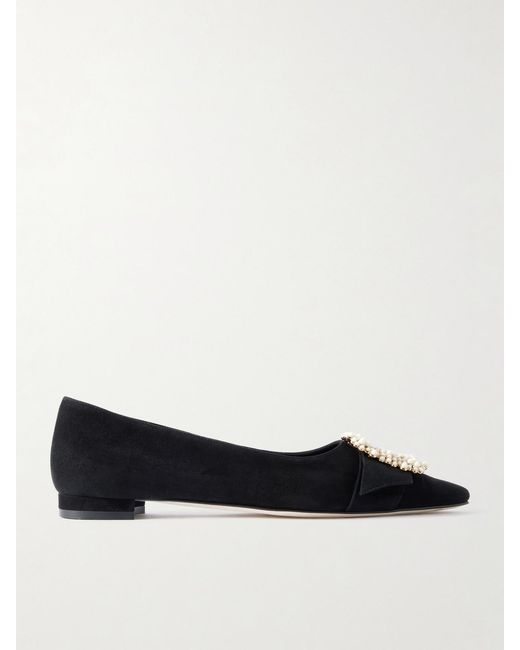 Manolo Blahnik Black Gibfla Embellished Suede Ballet Flats