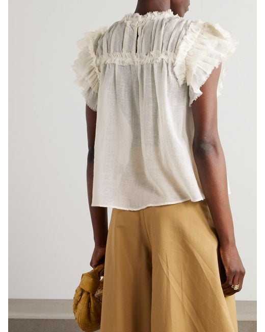 Ulla Johnson White Esme Bluse Aus Wollgaze Mit Rüschen Und Fransen