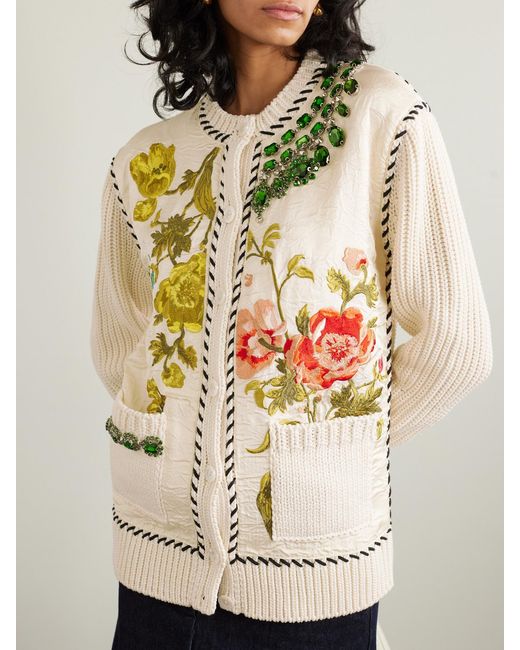 Erdem Natural Embellished Embroidered Faille And Ribbed Cotton-Blend Cardigan