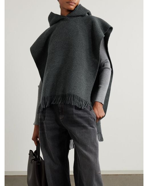 Brunello Cucinelli Black Hooded Fringed Wool And Cashmere-Blend Felt Poncho