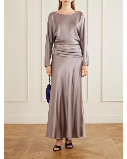 Staud Metallic Freda Gathered Silk-Blend Satin Maxi Dress