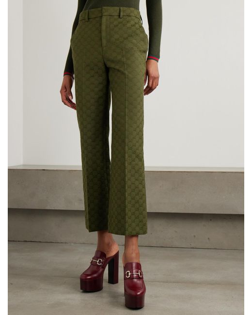 Gucci Green Cropped Cotton-Blend Canvas-Jacquard Flared Pants