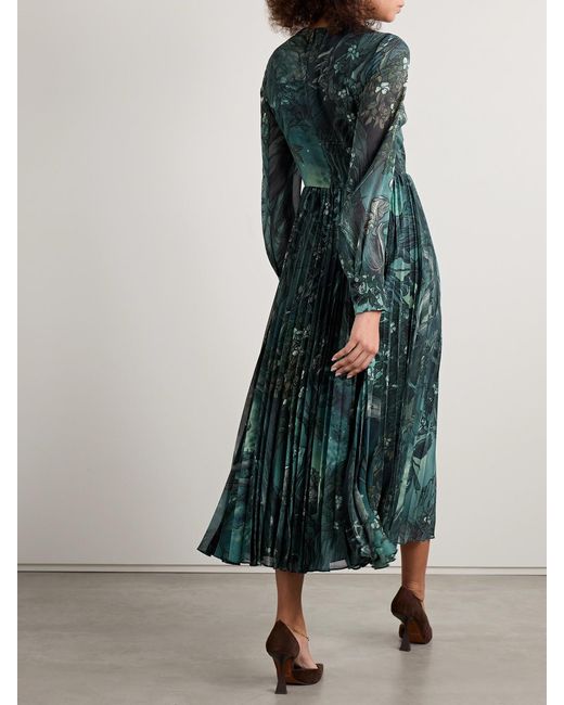 Jason Wu Green Printed Plissé-Chiffon Midi Dress