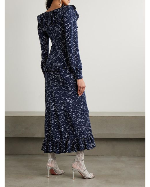 Alessandra Rich Blue Ruffled Polka-Dot Silk Crepe De Chine Midi Dress