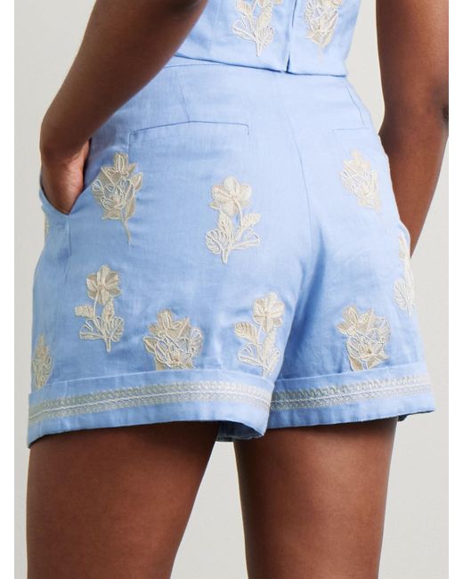 Agua Bendita Blue Romy Madera Embroidered Linen Shorts