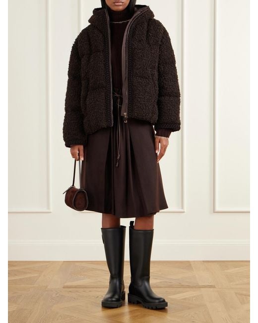 Moncler Black Leather-Trimmed Wool-Gabardine Midi Skirt