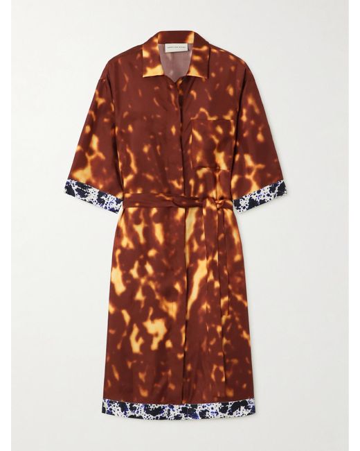 Dries Van Noten Red Mini-Hemdblusenkleid Aus Bedrucktem Seiden-Twill Mit Bindegürtel