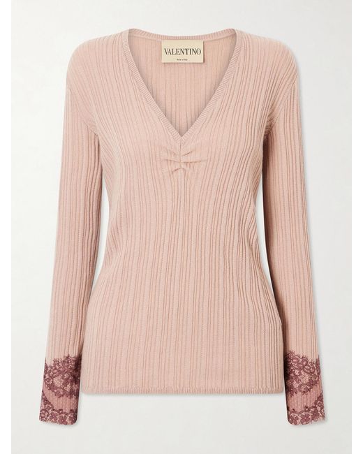 Valentino Garavani Pink Lace-Trimmed Ribbed Cashmere Sweater