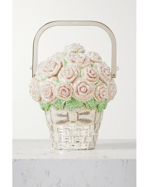 Judith Leiber Basket Of Roses Crystal-embellished Silver-tone Clutch in  White