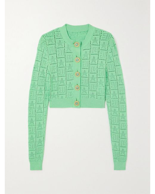 Balmain Green Cropped Pointelle-Knit Cardigan