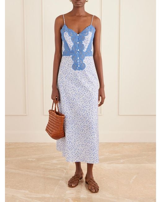 Loretta Caponi Blue Palmira Floral-Print Lace-Trimmed Cotton Maxi Dress