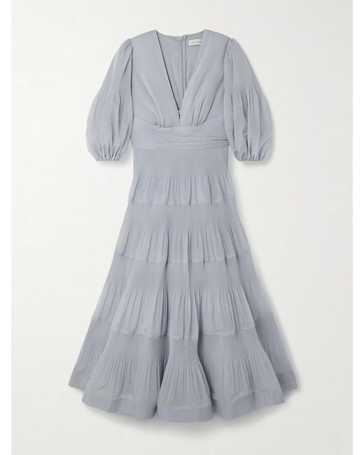 Zimmermann Blue Tiered Plissé Silk-Organza Midi Dress