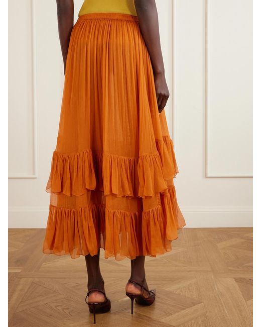 Saint Laurent Orange Ruffled Silk-Muslin Maxi Skirt