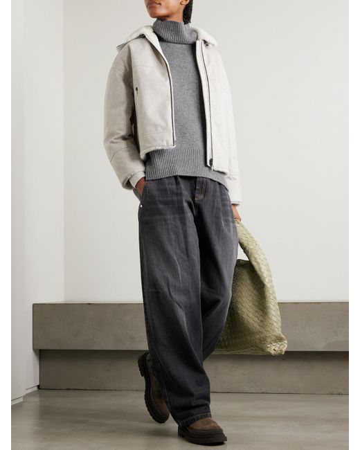 Brunello Cucinelli Natural Bead-Embellished Hooded Shearling-Trimmed Wool Coat