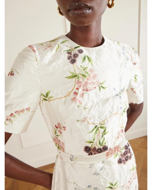 Erdem Natural Belted Floral-Print Crinkled Satin Midi Dress