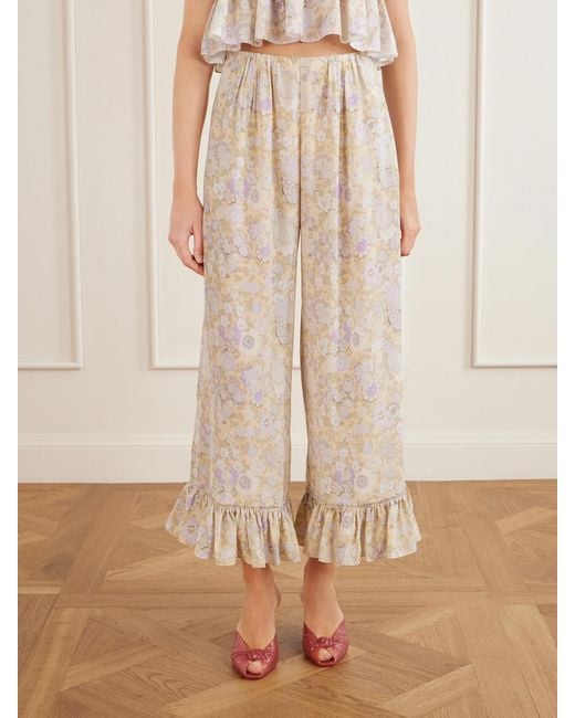Chloé Natural Ruffled Floral-Print Silk-Charmeuse Wide-Leg Pants