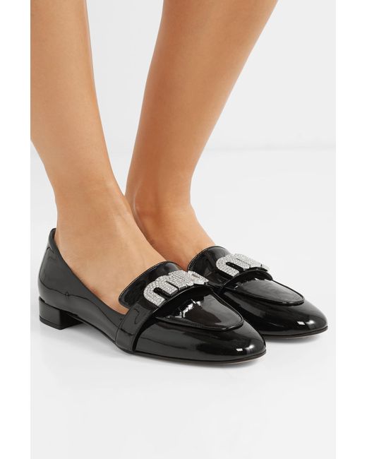 MIU MIU Black Pearl & Crystals Verfraaide Lak Lederen Loafers Flats Schoenen damesschoenen Instappers Loafers 