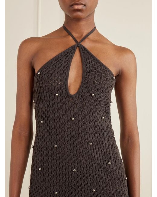 Staud Brown Isola Embellished Crocheted Cotton Halterneck Mini Dress