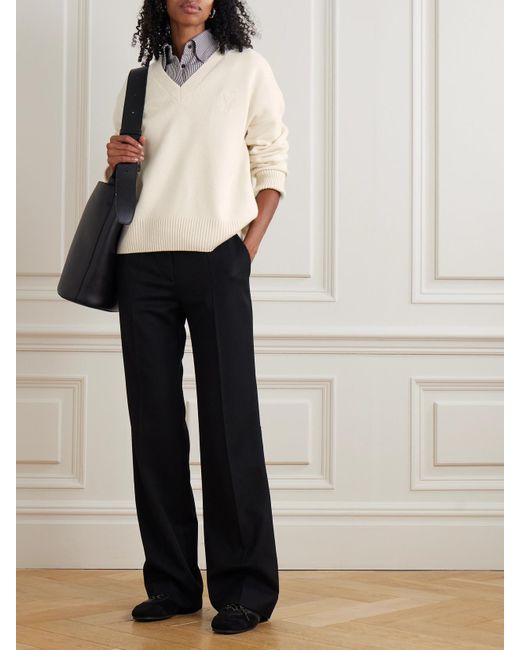 AMI White Oversized Embroidered Wool And Cashmere-Blend Sweater