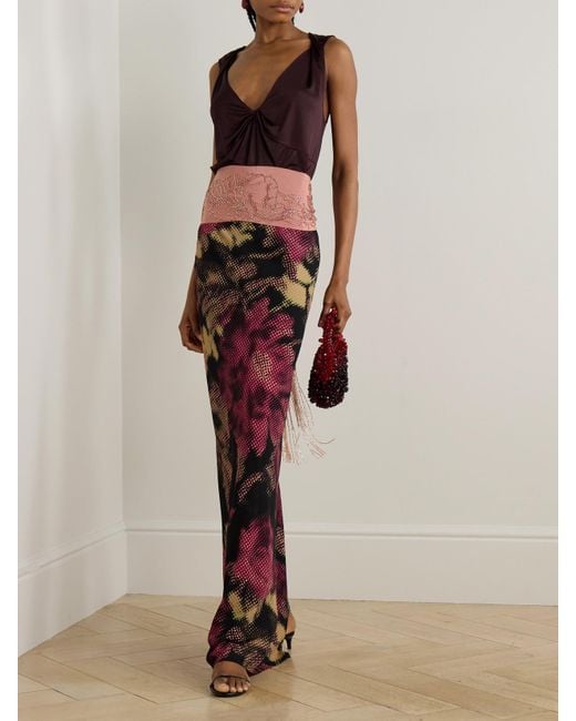 Dries Van Noten Red Floral-Print Crepe Maxi Skirt