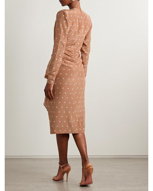 Alessandra Rich Natural Midikleid Aus Crêpe De Chine Aus Seide Mit Polka-Dots Und Raffungen