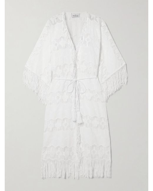 Veste Longue En Voile De Coton À Broderies Et En Dentelle À Franges Et À Ceinture Naida Miguelina en coloris White