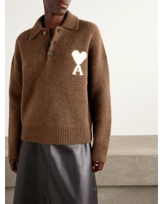AMI Brown Intarsia Alpaca-Blend Polo Sweater