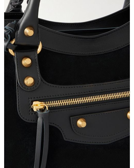 Balenciaga Black Le City Studded Leather-Trimmed Suede Shoulder Bag