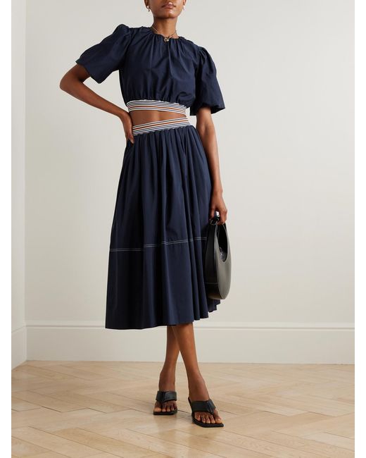 Veronica Beard Blue Evelina Gathered Striped Cotton And Silk-Blend Midi Skirt