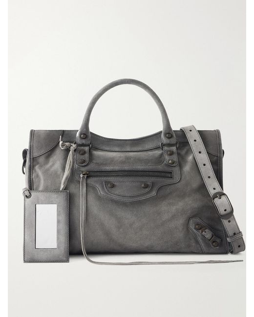 Balenciaga Gray Le City Medium Embellished Suede Shoulder Bag