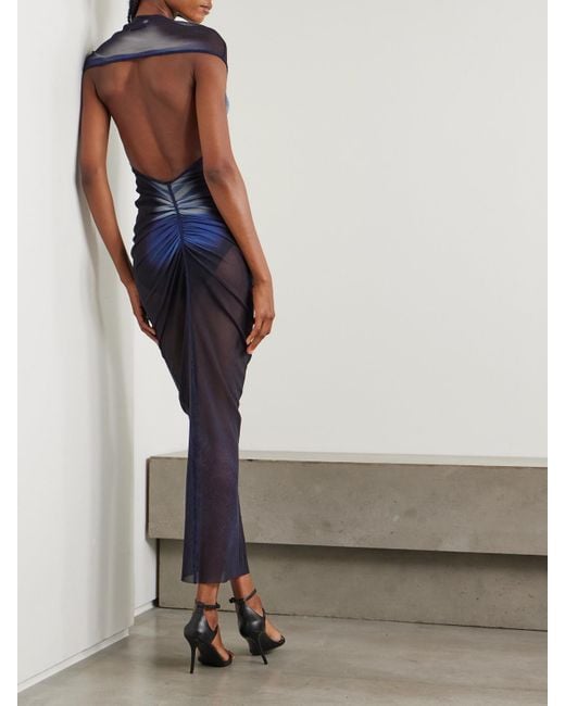 Jean Paul Gaultier Blue Le Mâle Gathered Printed Stretch-Mesh Maxi Dress