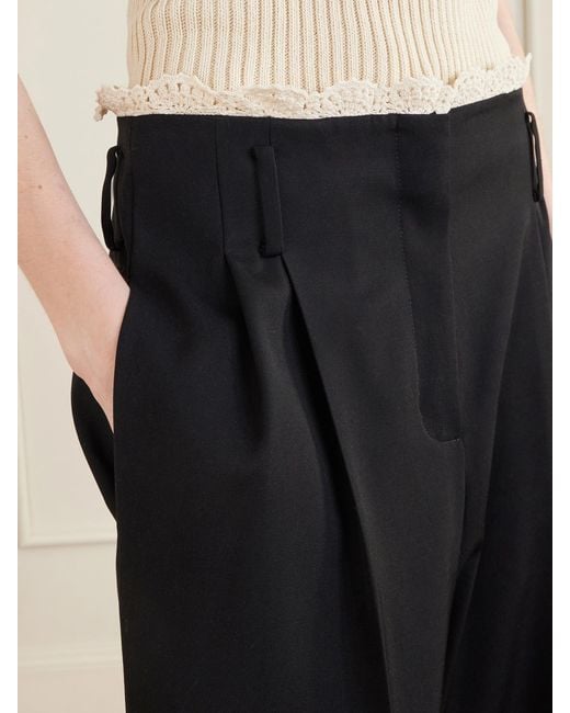 Magda Butrym Black Pleated Lace-Trimmed Wool Wide-Leg Pants