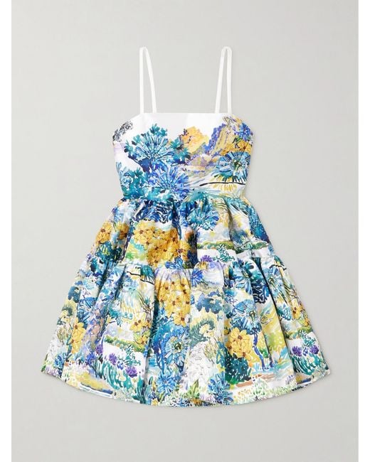 Mary Katrantzou Blue Margot Tiered Floral-Print Cotton-Faille Mini Dress