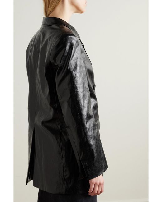 Esse Studios Black Milos Double-Breasted Crinkled Faux Leather Blazer