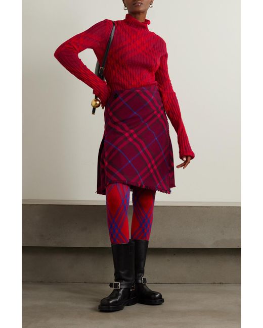 Burberry Wrapeffect Checked Wool Skirt in Red Lyst