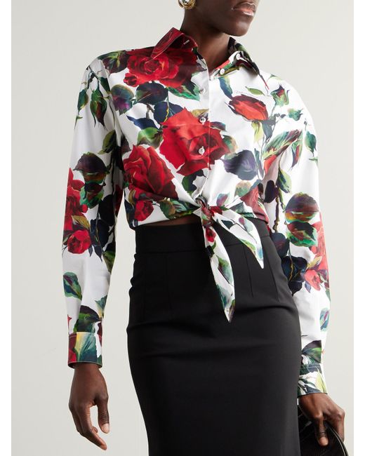Dolce & Gabbana Red Verkürztes Hemd Aus Baumwollpopeline Mit Blumenprint Zum Binden
